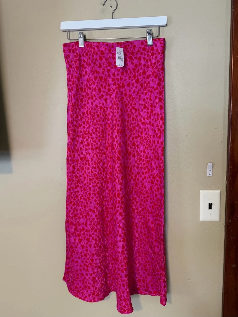 LOFT Hot Pink Heart Printed Satin Maxi Skirt NEW